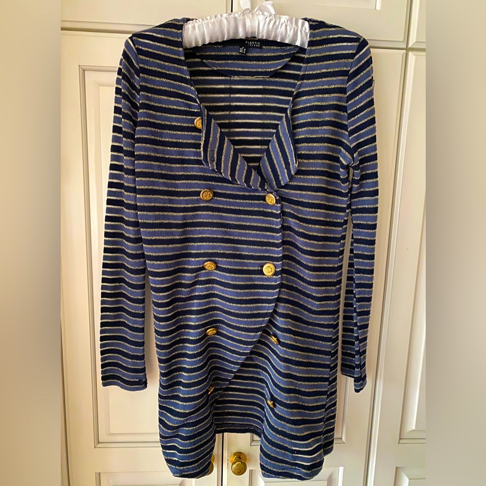 Plastic Island Cardigan Wrap Blazer Blue Gold stripes Drape Hip women XS
